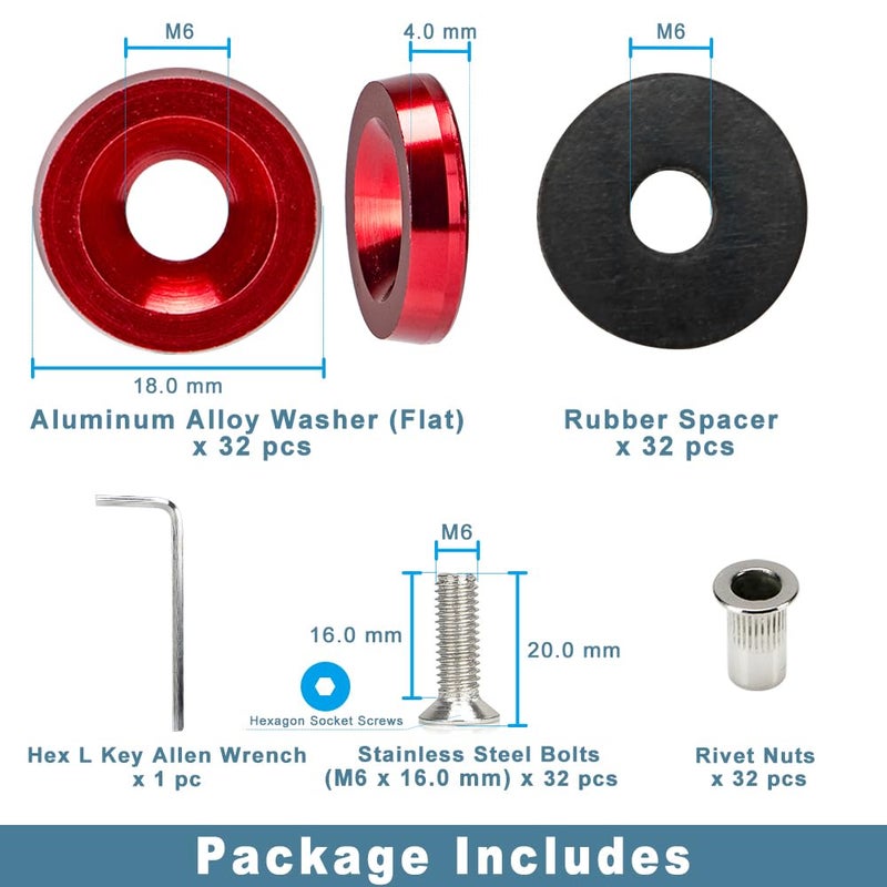 Rolling Gears M6 Red Flat Anodized Aluminum Washer Bolt Kit, 32-Piece Hardware Kit for Widebody, Fender Flares, Bumpers, Mud Flaps and Engine Bay Dress-Up - Image 5